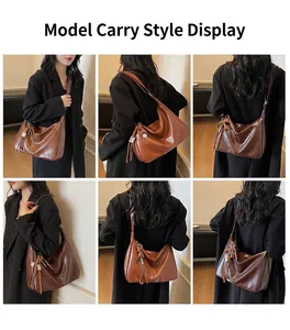 Collage de bolso tote retro marrón que muestra varios estilos de uso desde múltiples ángulos