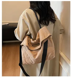 Detail of beige tote bag showing dual straps and sturdy canvas texture on model