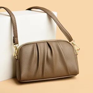 Women Ruched Split Cowhide Leather Envelope Crossbody Bag Elegant Litchi Texture Shell Clutch Minimalist Shoulder Handbag