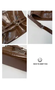 Details einer dunkelbraunen, glänzenden Ledertasche mit silbernen Schnallen und Nähten