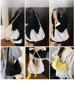 Collage of fashion models wearing a large casual crossbody bag in plaid, black, and yellow