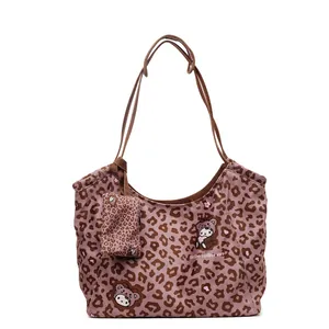 Borsa tote in tela leopardata rosa con stampa di cartoni e mini portamonete coordinato