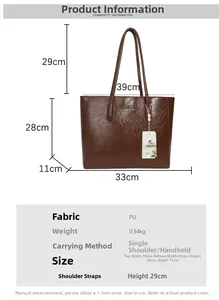 Detailed technical dimension diagram of minimalist large capacity brown tote handbag