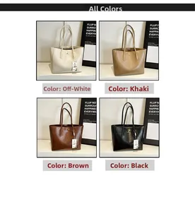 Collage of four minimalist tote bags in cream, khaki, brown, and black colors