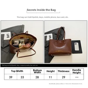 Size chart for brown leather tote bag showing 39cm width and interior capacity details