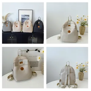 Detailed multi-view collage of nylon backpack showing colors and adjustable straps