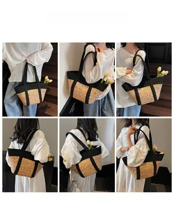 Detailed views of a large woven straw tote bag with black canvas trim and long handles