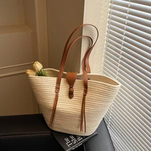 Women Large Capacity Cotton Rope Woven Tote Bag Vacation Beach Shoulder Bag With Tassels Faux Leather Straps Handbag