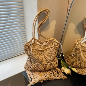 Sac Fourre-Tout en Paille Tissé à la Main Bohème pour Femmes Avec Longs Glands Géométrique Ajouré pour Plage Vacances