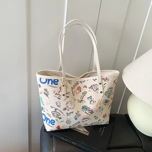 Women's Large Capacity Graffiti Tote Bag PU Leather Colorful Print Shoulder Handbag Casual Street Style Daily Tote Bag