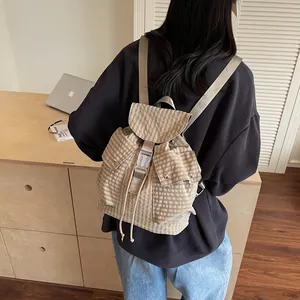 Classic khaki plaid canvas backpack with large capacity and drawstring closure for students
