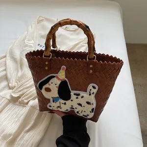 Vintage Hand-woven Straw Tote Bag With Bamboo Handle For Women Cartoon Dog Embroidery Patch Retro Street Style Shoulder Handbag