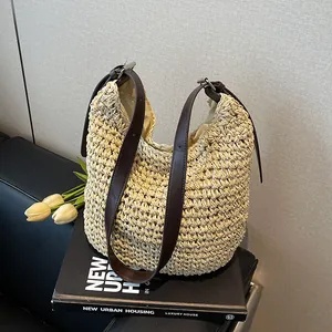 Women Summer Straw Woven Shoulder Bag Large Capacity Beach Vacation Tote With Adjustable Leather Strap Handcrafted Casual Hobo Bag
