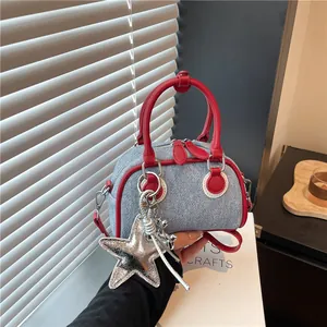 Women's Mini Denim Boston Bag Contrast PU Leather Trim Star Charm Crossbody Handbag With Removable Strap Y2K Style Shoulder Bag