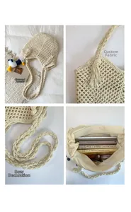 Detailed views of cotton woven tote showing fringe, braided strap, and spacious interior