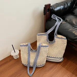 Borsa Tote in Paglia Intrecciata da Donna Grande Capacità Borsa a Tracolla all'Uncinetto per Vacanze al Mare Borsa Casual Traforata Con Fibbia Magnetica