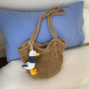 Large Capacity Hollow Out Woven Tote Bag For Women Nylon Summer Beach Vacation Shoulder Bag With Tassel Duck Pendant