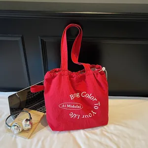 Women Large Capacity Canvas Tote Bag Korean Style Letter Print Drawstring Shoulder Bag Casual School Shopping Handbag