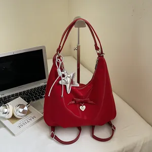 Women Korean Style Large Capacity PU Leather Underarm Bag Fashion Bow Heart Pendant Star Charm Tote Shoulder Bag For Daily