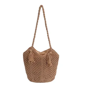 Large khaki cotton woven shoulder bag with boho tassels for beach vacations and daily use
