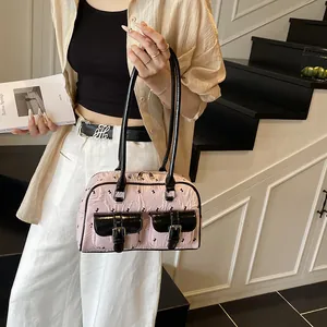 Pink and black lace bow underarm bag with rabbit print and double front pockets