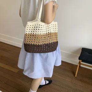 Three-tone gradient crochet tote bag with hollow knit texture for summer shoulder carry