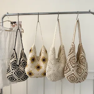 Ethnic handmade woven tote bags with floral and geometric patterns for beach travel