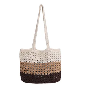 Summer knitted hollow tote bag with tricolor stripes and crochet mesh design