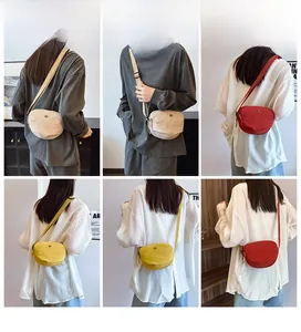 Detailed views of nylon crescent crossbody bags in beige, red, and yellow colors