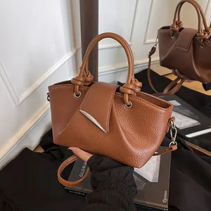 Borsa a Tracolla da Donna in Pelle PU a Grana Litchi alla Moda con Manico Annodato Secchiello con Tracolla Rimovibile per Festa Quotidiana