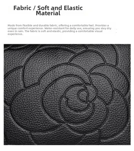 Detail of waterproof black pebble leather with embossed rose floral pattern and soft texture