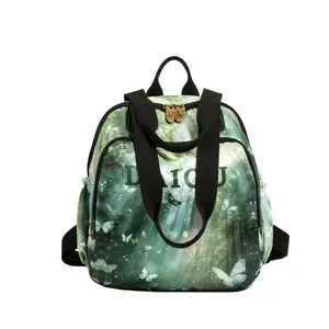 Large capacity green backpack with butterfly forest print and black straps by DAIOU