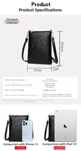 Detailed size specifications of black rose embossed crossbody bag with dimensions 17x20.5x1cm
