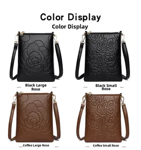 Vertical phone crossbody bags in black and coffee with rose embossed leather details