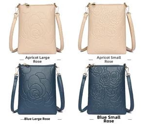 Vertical cross-body phone bags with embossed rose patterns in apricot and blue shades