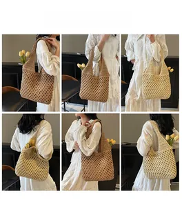 Detailed views of hollow knit tote bags in dark brown and beige on a model