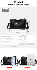 Detailed size chart showing 25cm width black faux leather crossbody bag with logo