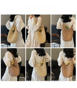 Detailed views of hollow paper rope woven tote bag in cream and light brown colors