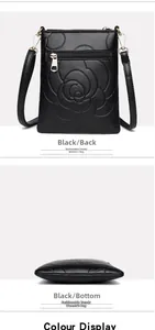 Detailed back and bottom views of a black rose-embossed leather wallet with zipper closure