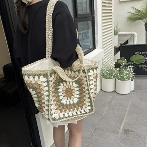 Ethnic crochet tote bag with mandala pattern and woven shoulder strap for women