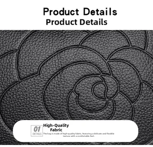 Detail of black pebbled leather texture with 3D embossed rose floral pattern on a purse