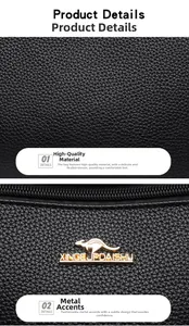 Macro shot of black lychee grain leather texture and gold kangaroo metal logo hardware