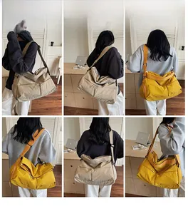 Multiple views of a large capacity crossbody bag with pockets in khaki and yellow