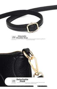 Detail of adjustable leather shoulder strap and golden swivel hook on black rose purse