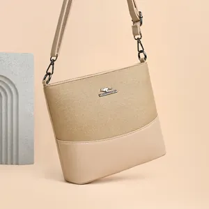 Women Large Capacity PU Leather Fabric Patchwork Bucket Bag Minimalist Casual Shoulder Crossbody Bag Waterproof Mommy Handbag