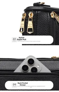 Detail of black lychee grain leather crossbody bag with gold hardware and back zipper pocket