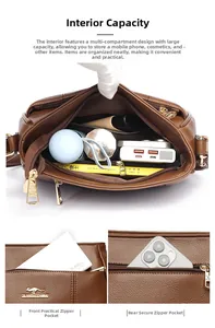 Internal view of brown leather handbag showing large capacity compartments and gold zippers