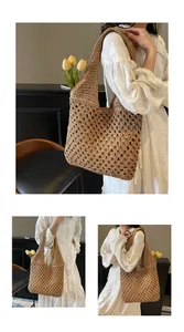 Detailed close-up showing the hollow mesh weave of this handmade straw beach tote bag