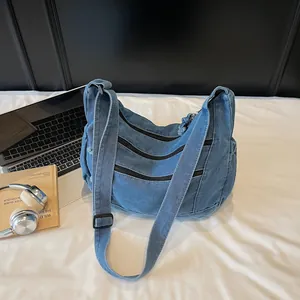 Women's Casual Denim Tote Bag Large Capacity Multi-Pocket Shoulder Crossbody Bag For School Office Work Simple Versatile Handbag
