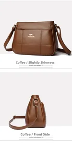 Macro shot of coffee brown textured leather crossbody bag with cross-stitched pattern